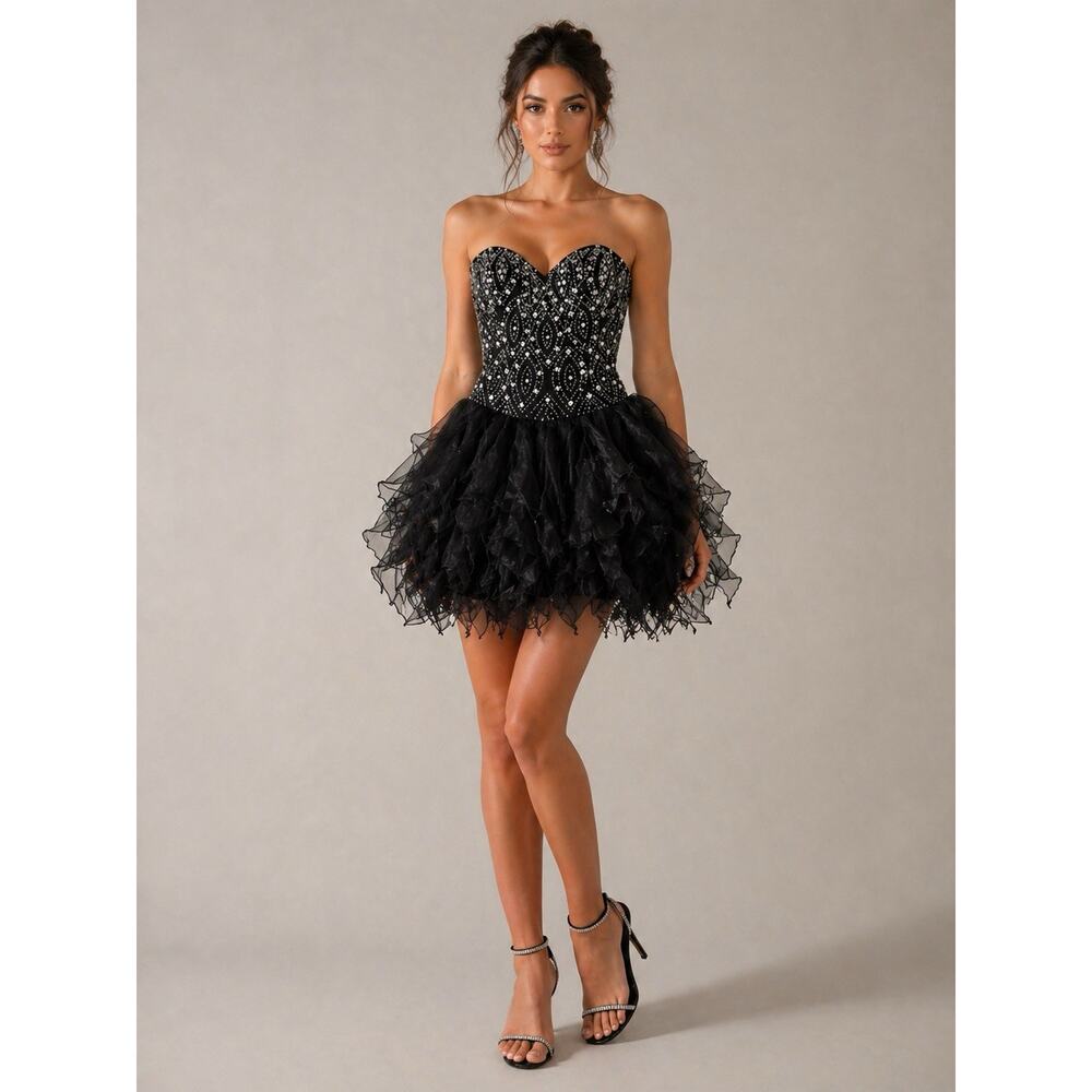 JENNI HOUSE Black Strapless Rhinestone Tulle Cocktail Dress Short Party Crystal